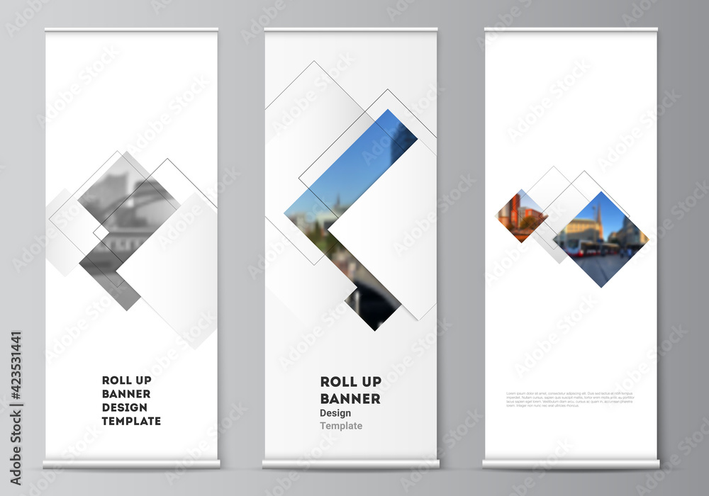 Poster vector layout of roll up mockup design templates with geometric simple shapes, lines and photo place