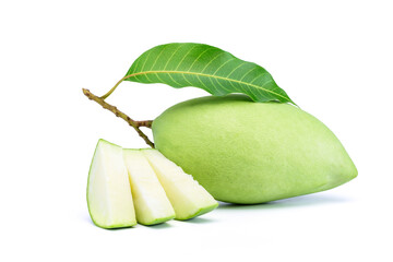 Fresh green fruit mango And cut into pieces with both sweet and sour taste Ready and mango leaves Isolated on white background