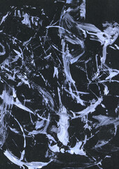 Abstract dark background, hand-drawn with acrylics. White drops, stripes, brush marks on a black background. For business cards, posters, invitations, scrapbooking
