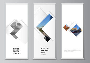 Fototapeta na wymiar Vector layout of roll up mockup design templates with geometric simple shapes, lines and photo place for vertical flyers, flags design templates, banner stands, advertising design mockups.