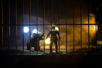 Silhouette of a Bear miniature standing in a zoo cage dreams of freedom. Creative decoration with colorful backlight with fog.