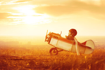 A small child plays with a toy plane, imagines himself as an aviator and dreams of flying. © Alexandr Vasilyev