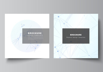Vector layout of two square format covers templates for brochure, flyer, magazine, cover design, book design, brochure cover. Blue medical background with connecting lines and dots, plexus.