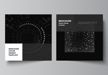 Vector layout of two square covers design templates for brochure, flyer, magazine, cover design, book design.Black color technology background. Digital visualization of science, medicine, tech concept