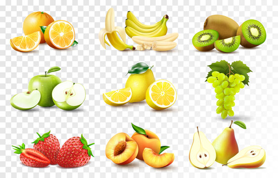 Set of 3d realistic juicy fruits apple, banana, orange, lemon, grapes., peach, strawberry, pear, kiwi. Whole and halved fruits, fruit wedges. High quality image isolated on transparent background
