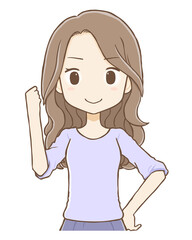 ロングヘアの女性　ガッツポーズ　上半身