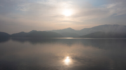 Fototapeta na wymiar 福井県三方五湖からの霧の景色 ドローン空撮
