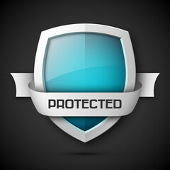 Protected ribbon shield concept with banner. Safety badge icon. Privacy banner tape. Security band protected label. Defense tag. Presentation sticker shape. Defense sign illustration