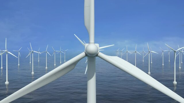 Windmill Farm in The Ocean - closeup - Flight Backwards - With Alpha channel and Zdepth. You can change the background using Alpha Channel and create any bokeh or atmospheric effect using the Z-depth 