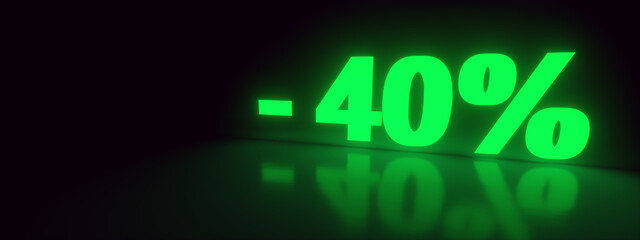 40% discount sale promotion off neon 3d rendered, panoramic image