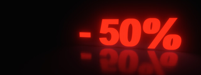 50% discount sale promotion off neon 3d rendered, panoramic image