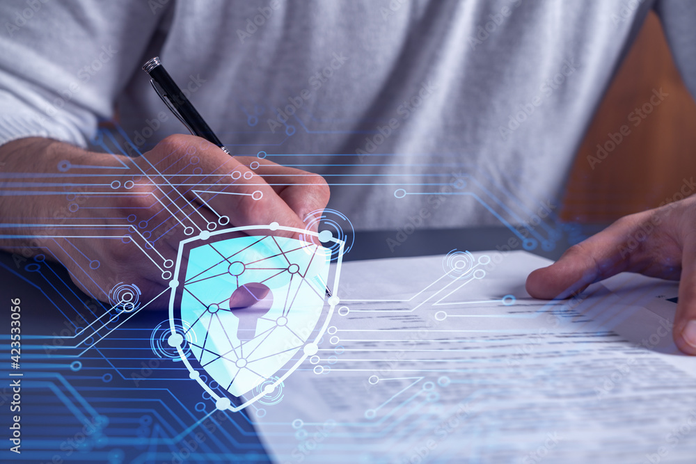 Poster a businessman in casual wear signing the contract to prevent probability of risks in cyber security.
