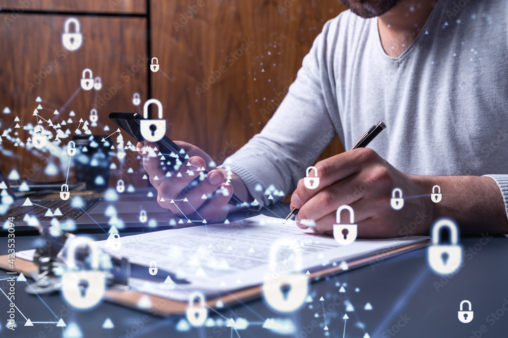 Poster a businessman in casual wear signing the contract to prevent probability of risks in cyber security.