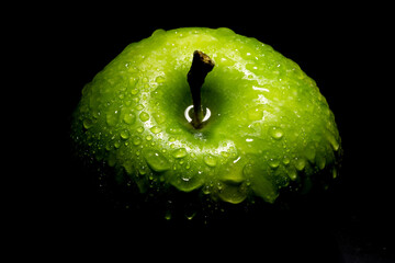 whole green apple with water drops over dark background