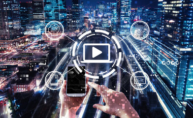 Obraz premium Webinar concept with person using smartphone