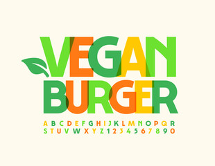 Vector creative sign Vegan Burger with Decorative Leaf. Bright artistic Font. Colorful Alphabet Letters and Numbers set