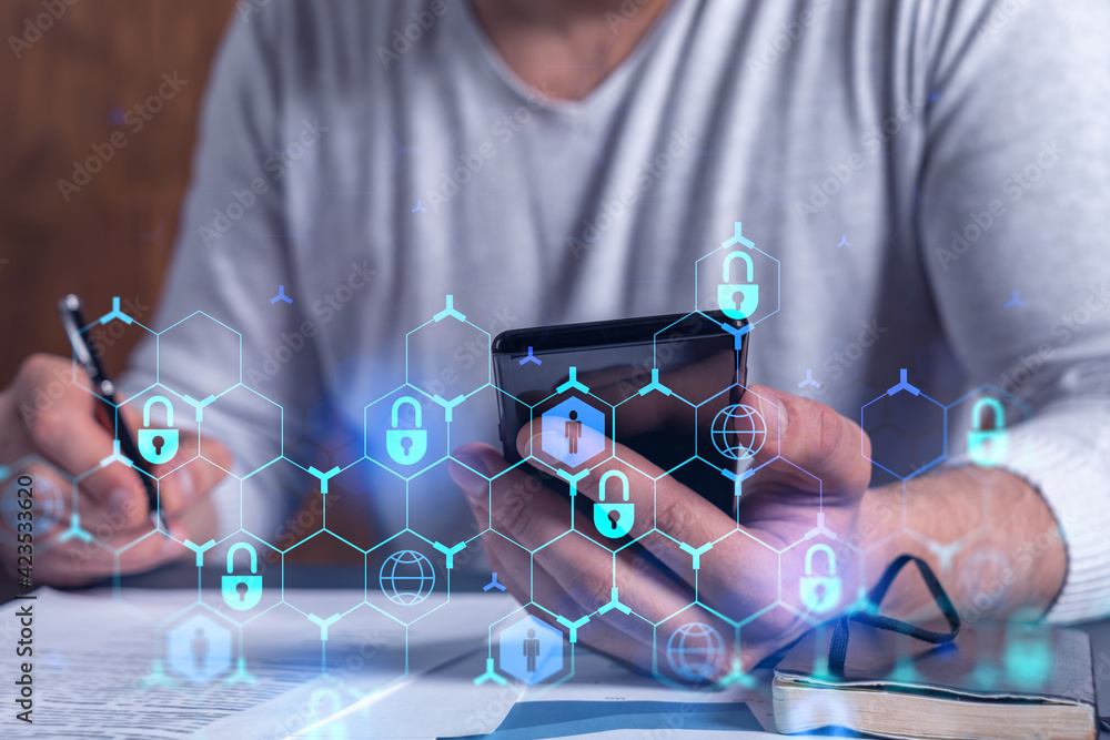 Poster a businessman in casual wear signing the contract to prevent probability of risks in cyber security.