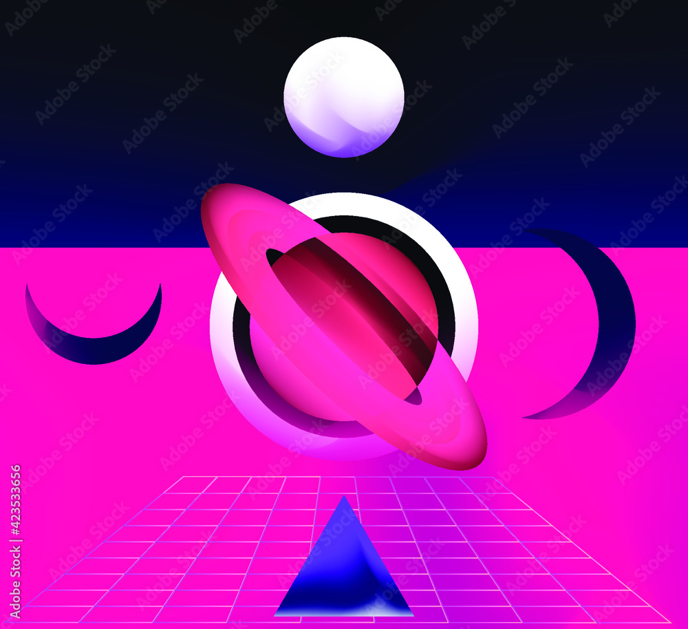 Poster abstract surrealistic background with space bodies and planets in geometric composition.