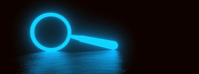 neon magnifier on dark background, 3D rendering, panoramic image