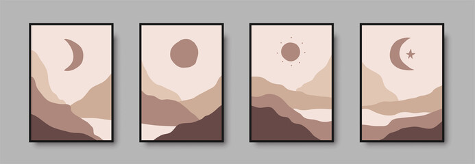 Abstract landscape wall art print set. Vector abstract landspace for luxury minimal bedroom interior. Printable boho poster for decor. Artwork with terracotta colors for wallpaper. Vector illustration © Phantasm