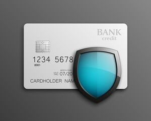 Protection shield Credit card. Safety badge banking icon. Defense safeguard finans icon. Security Plastic card software. Debit card guard electromagnetic chip. Privacy Electronic money funds transfer.