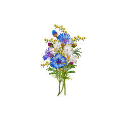 Watercolor small bouquet boutonniere wildflowers from cornflowers, daisies and clover 1