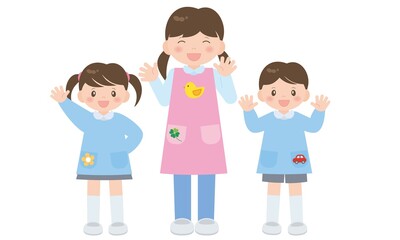 幼稚園の先生と幼稚園児（全身）