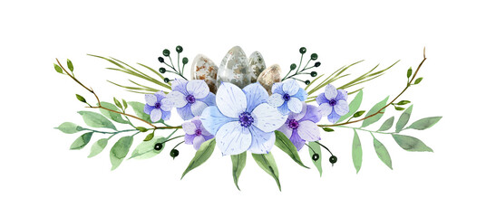 hand-drawn watercolor wreaths of flowers, berries, leaves, twigs and Easter eggs. Holiday bouquets for Easter greeting cards, wedding invitations, posters, scrapbooking, holiday decoration
