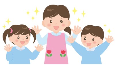 キラキラな幼稚園の先生と幼稚園児（上半身）