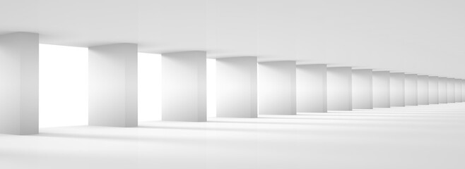 white column hall design, futuristic architecture background, 3d rendering, panoramic image