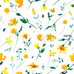 Fototapeta na wymiar Colorful watercolor seamless pattern. Yellow wildflowers on white background with foliage and greenery. Daisy flowers, meadow flowers. Suitable for wrapping paper, fabric, cloths, business cards