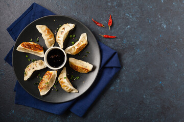 Original Japanese dumplings Gyoza with chicken and vegetables.Top view. Flat lay. Dark blue backgrund.