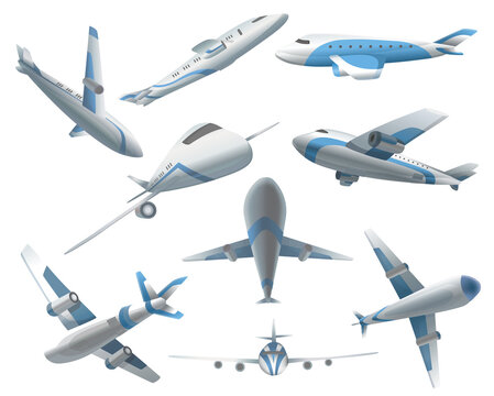 Set of airplanes in different positions for commercial aviation fleet. Aircraft transport. Civil aircraft journey and aviation symbols. Wing flight transport