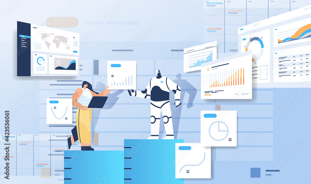 Poster robot with businesswoman analyzing statistics graphs financial data analyzing artificial intelligenc