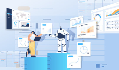 robot with businesswoman analyzing statistics graphs financial data analyzing artificial intelligence technology