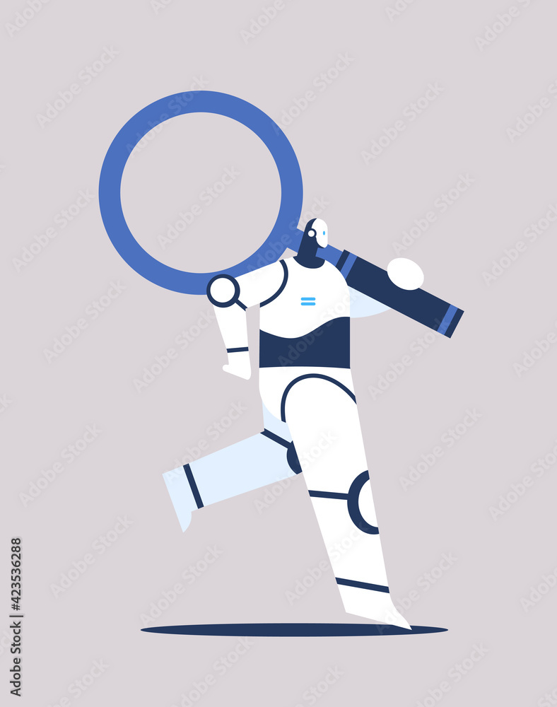 Poster cute robot with magnifying glass modern robotic character artificial intelligence technology explora