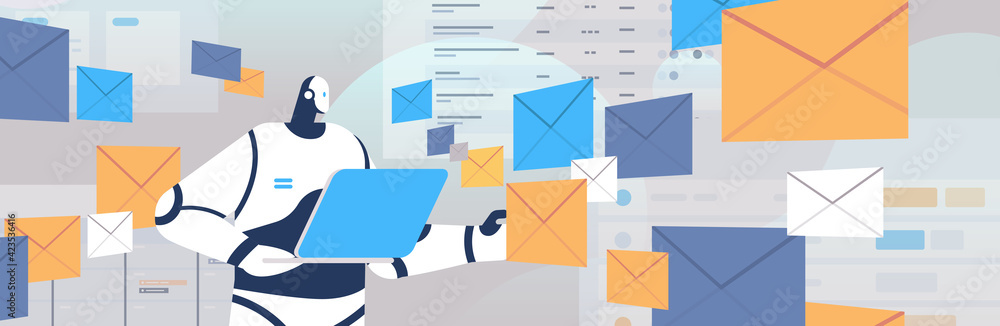 Poster robot using laptop sending and receiving envelopes email letters artificial intelligence technology