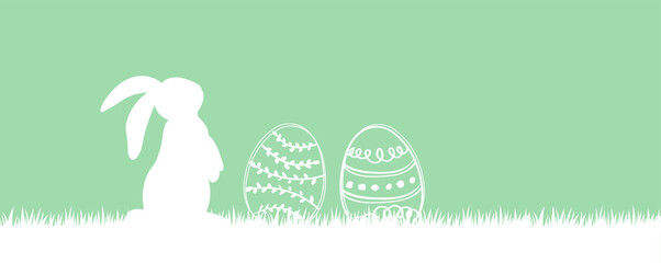 Happy Easter. Green and orange easter background card with eggs and rabbit. Vector illustration great for package banner