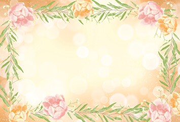 優しいタッチの薔薇と勿忘草とユーカリのイラスト　キラキラな背景