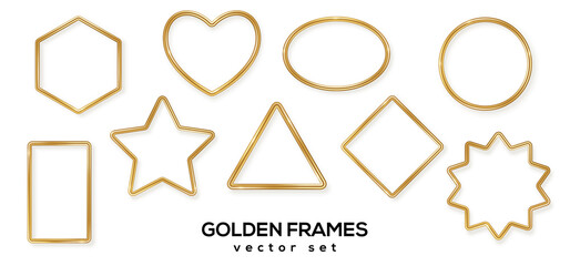 Set of golden 3d shiny glowing geometric frames with shadows isolated on white background. Vector illustration. Gold luxury realistic borders, labels, modern badges, bronze metal wire speech bubbles