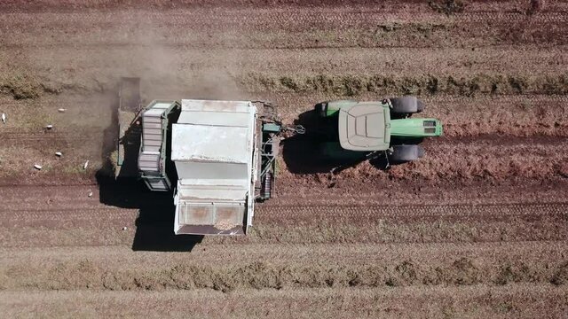 Peanut harvest done by a Tractor and Picker trailer, Aerial view.