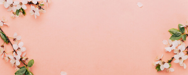 April floral nature. Spring blossom and may flowers on pink. For banner, branches of blossoming cherry against background. Dreamy romantic image, landscape panorama, copy space.