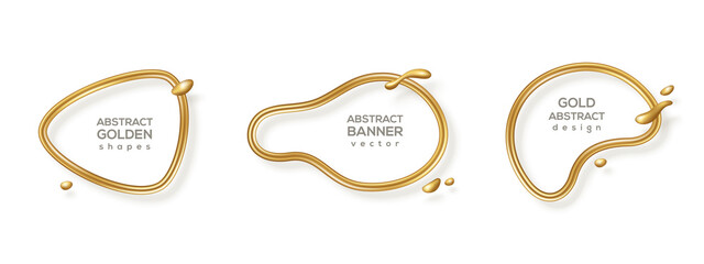 Abstract liquid forms set, gold glitter 3d frame. Vector illustration. Fluid organic banner with flowing golden shapes. Modern badge, metal wire label, luxury realistic border template