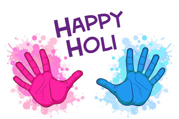 Happy holi palm elements card color blotch blur design. Greeting banner Happy holi hand colorful blot paint design. India holiday festive bright arm banner.