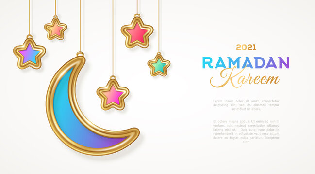 Ramadan Kareem islamic crescent and star hanging on white background. Vector illustration. Place for text. Selamat Hari Raya Aidilfitri 3d gold moon