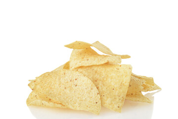 closeup pile of nacho chips on white