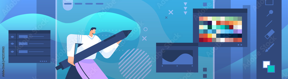 Poster designer drawing with pen in graphic editor man creating website user interface graphic design ui cr