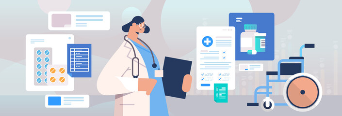 female doctor in uniform holding clipboard medicine healthcare concept female hospital worker with stethoscope