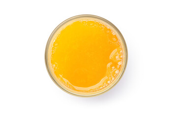 Flat lay of  100% Tangerine orange juice with pulp isolated on white background. Cliping path