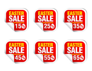 Easter Sale red sticker icon set. Sale 15%, 25%, 35%, 45%, 55%, 65% off. Vector illustration